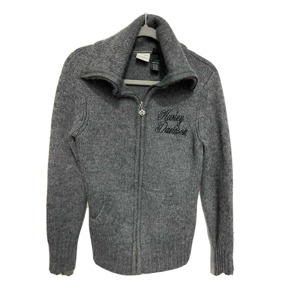 Harley Davidson Size L Grey Zip Cable Knit Long Sleeve womans Sweater